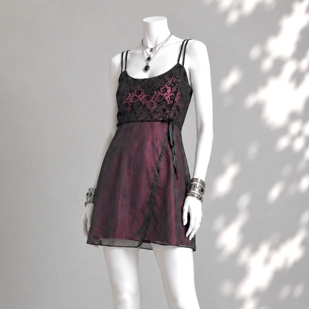 Slip Dress L/XL Black Purple Lace Babydoll Chemise Whimsigoth Vintage Ilusion